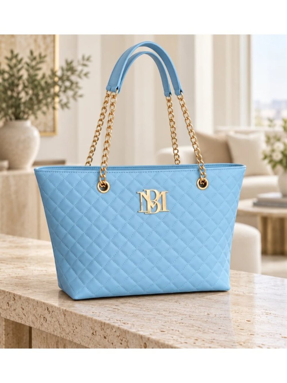 Badgley Mischka BMH-108 Light Blue Quilted Chain Strap Tote Bag NWT
